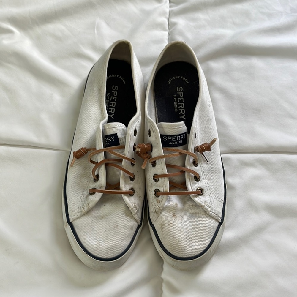Sperry white boat shoes. Some stains and wear.